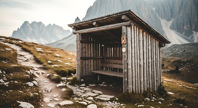Rustic wooden shelter on a mountain hiking trail in the Alps. - Powered by Adobe