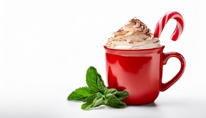 A Peppermint Hot Chocolate In A Red Mug With Candy Cane Garnish Sweet And Festive Isolated On White Background