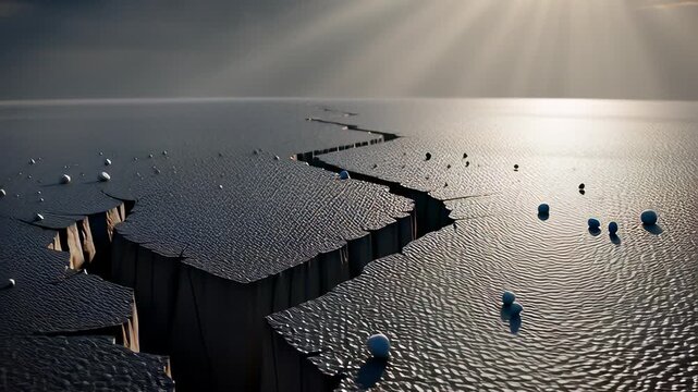 Dark textured ground splitting into a massive crack with rising debris particles under dramatic sun rays, a cinematic 3D animation illustrating earthquake and disaster concepts.
