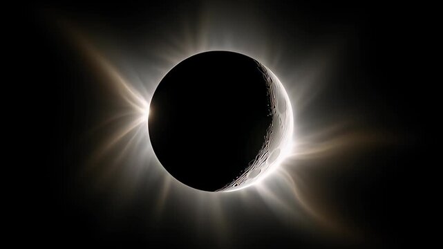 Cinematic 3D animation of a total solar eclipse where a dark moon silhouette blocks the sun creating a glowing diamond ring effect in deep space, ideal for astronomy backgrounds.
