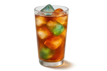 Refreshing iced tea or cold soda drink in a glass with colorful fruit shaped ice cubes and condensation, transparent background