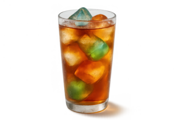 Refreshing iced tea or cold soda drink in a glass with colorful fruit shaped ice cubes and condensation, transparent background