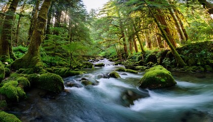 Obraz premium Lush Mossy River Flowing Through A Dense Verdant Forest