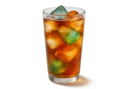 Refreshing iced tea or cold soda drink in a glass with colorful fruit shaped ice cubes and condensation, transparent background