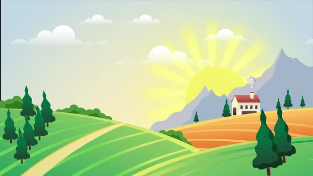 Summer landscape vector with a winding road leading to a village under a blue sky, sun, and green grass field