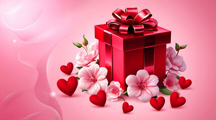 Happy Valentine's Day Gift Box with Red Ribbon Background