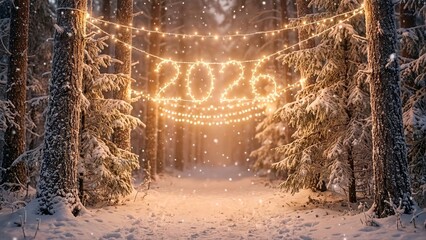 magical winter forest path with glowing 2026 string lights for new year celebration