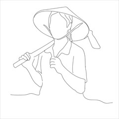 female farmer carrying a hoe. Continuous one line drawing young female farmer carried hoes on his shoulders