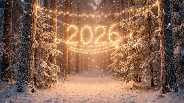 magical winter forest path with glowing 2026 string lights for new year celebration - Powered by Adobe