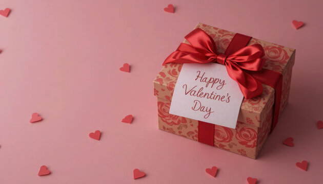 Happy Valentine's Day Gift Box with Red Ribbon Background - Powered by Adobe