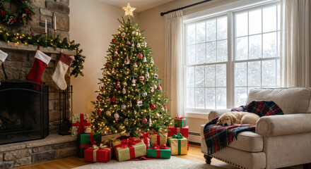 Golden retriever puppy asleep on an armchair by a decorated christmas tree and window