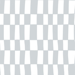 Abstract checkered groovy seamless pattern. Grey and white retro wavy vertical rectangle texture, hand drawn striped plaid print. Distorted checkerboard background.
