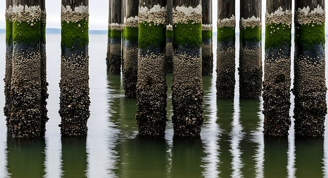 Weathered Wooden Pilings in Water with Marine Growth.