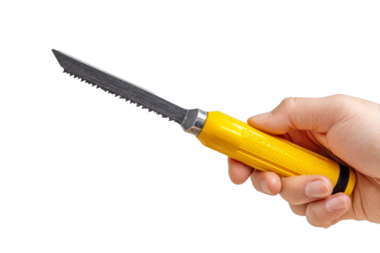 Hand Holding Yellow Utility Knife with Black Blade on Transparent Background