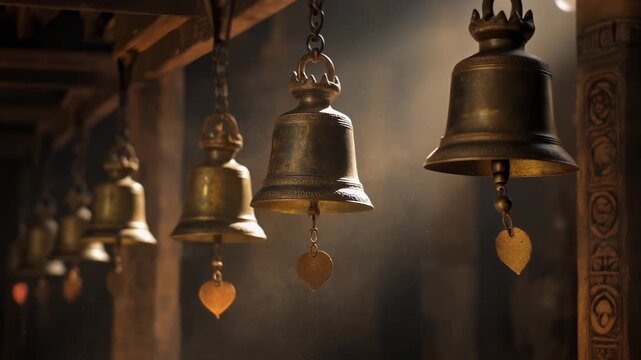 A dramatic, low-key close-up shot captures a row of ancient, golden brass temple bells hanging quietly inside a dimly lit buddhist shrine.