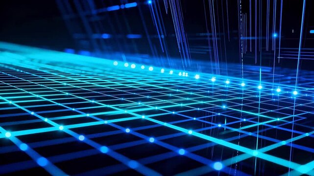 Blue grid lines and glowing dots