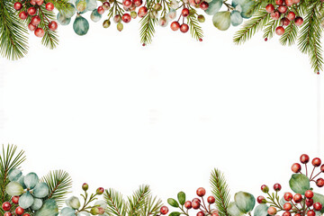 Christmas winter border with evergreen branches and red berries