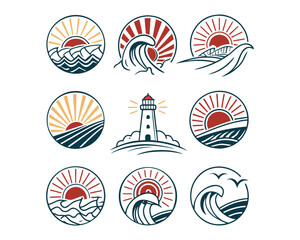 A collection of nine circular emblems featuring stylized sunrises or sunsets over ocean waves and a central lighthouse design