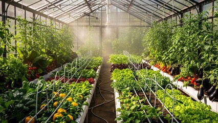Greenhouse Agriculture with Rows of Fresh Vegetables Growing Under Sprinklers