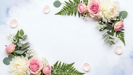 Romantic floral frame featuring delicate pink roses, peonies and eucalyptus leaves creates an elegant design for wedding invitations or spring promotions