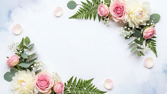 Romantic floral frame featuring delicate pink roses, peonies and eucalyptus leaves creates an elegant design for wedding invitations or spring promotions