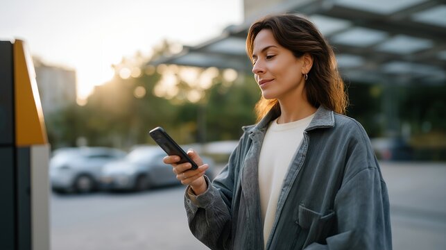 A commuter scanning a QR code on a parking meter using a smartphone app, seamless mobile payment replacing traditional coins — digital parking payments, smart city convenience, and contactless