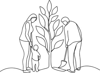 Family planting a tree line art illustration