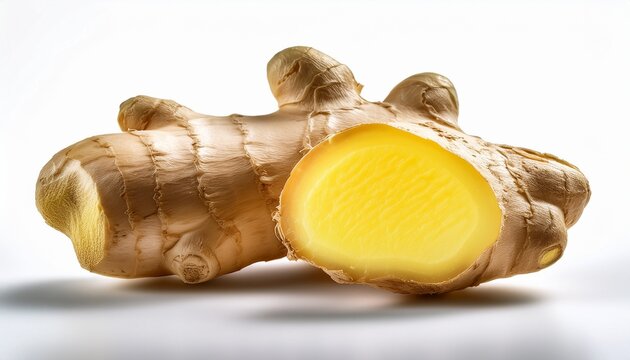 A Piece Of Ginger Root Is Sliced In Half Revealing Its Yellow Flesh