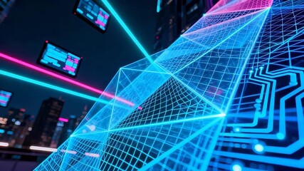 Futuristic neon cityscape with digital elements - Powered by Adobe