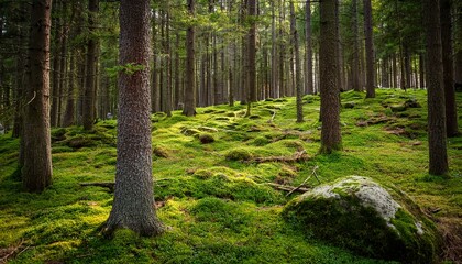 Fototapeta premium Old Pine And Fir Forest With Green Moss Covering Rocks And The Forest Floor