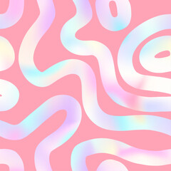Abstract wavy lines seamless patten. Vector curved line shapes holographic foil gradient pink background. Hand drawn cute liquid groovy texture for print, fashion design, minimalist poster, decor.