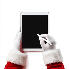 Santa Claus uses electronic tablet computer. Santa's gloved hand holds stylus and touches screen. First person view, isolated on white background