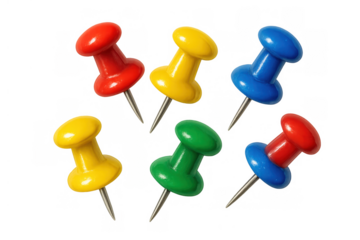Group of colorful pushpins in red, yellow, blue, and green, creating a vibrant pattern. Transparent background