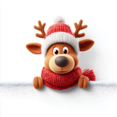 Happy reindeer peeks out from behind wall. Cartoon Christmas character, wearing knitted hat and scarf, is partially visible from above white wall, isolated on white background