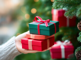 Woman's hand places gifts under Christmas tree. Hand of woman holds red gift box next to fir branches. Several wrapped presents are stacked underneath christmas pine