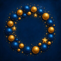 Fototapeta premium Royal blue and gold Christmas decorative circle with spheres and sparkles over deep sapphire textured