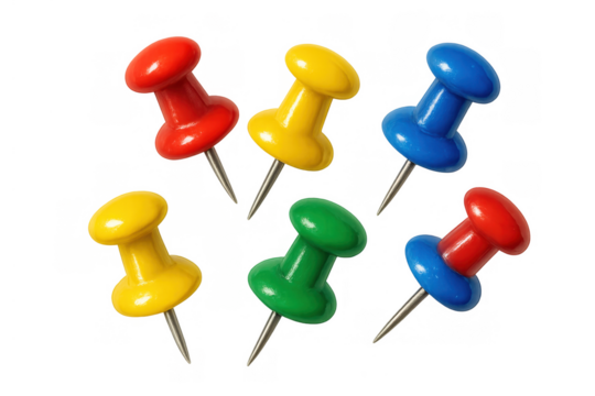 Group of colorful pushpins in red, yellow, blue, and green, creating a vibrant pattern. Transparent background
