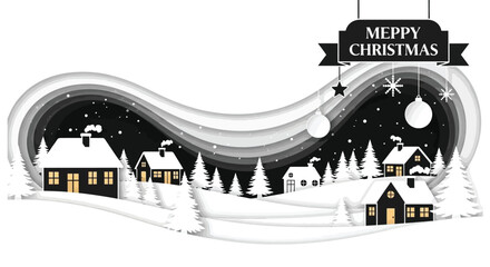 A festive christmas scene with a snow covered village and northern lights