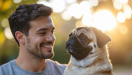 Imperfect beauty shines in joyful bond between smiling man and his adorable dog during warm sunset outdoors