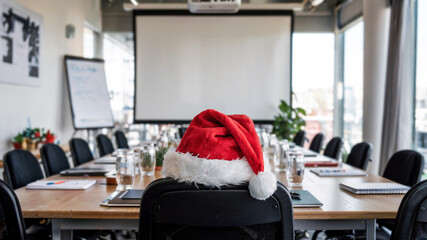 Conference table with Santa hat and winter view for holiday celebration