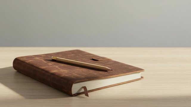 Brown Leather Journal and Pencil on Light Wooden Desk