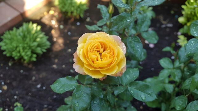 A vibrant yellow and peach rose in full bloom with dew drops in a garden