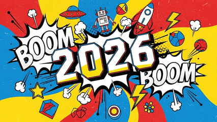Fototapeta premium Retro Pop Art 2026 New Year Banner with Comic BOOM Explosion and Grain Texture