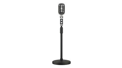 A classic chrome microphone on a black stand, set against a black background