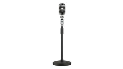 A classic chrome microphone on a black stand, set against a black background