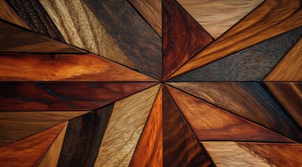 Geometric Wood Pattern: A striking close-up of an intricate, geometric pattern crafted from various wood types, showcasing the beauty of natural textures and design.