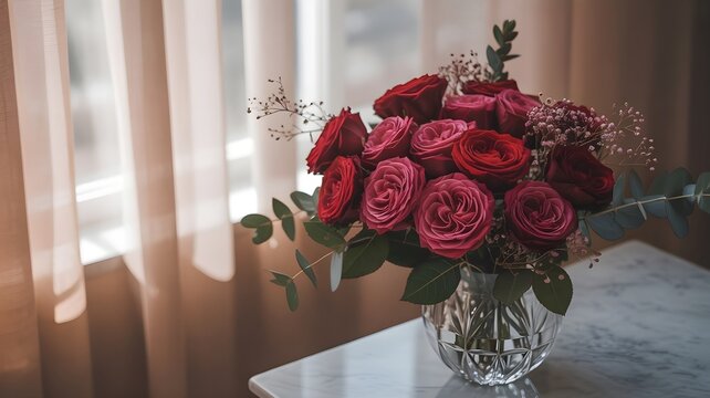 Beautiful bouquet of deep red roses in a crystal vase on a marble table near a window