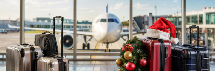 Luggage with Christmas decorations at airport terminal for holiday travel