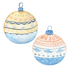 Watercolor Ornaments Ball set, Christmas Blue Scandinavian illustration for design card and print.