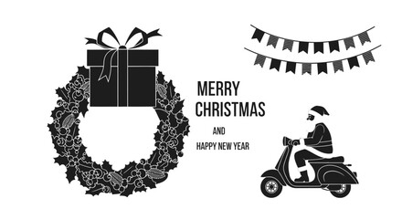 Festive christmas elements including a wreath gift santa and banner design